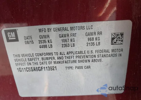 2016 Chevrolet Malibu Limited Lt из США, поврежденный, VIN 1G11C5SA6GF113921